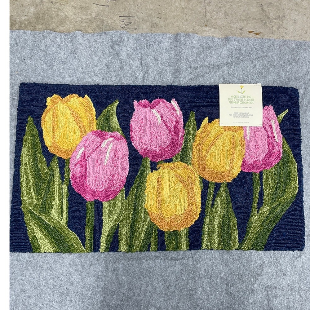Tulip Floral Hooked Accent Rug Unisex OS Navy NEW Memory Foam